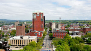 View of City Hall Plaza building in Manchester NH